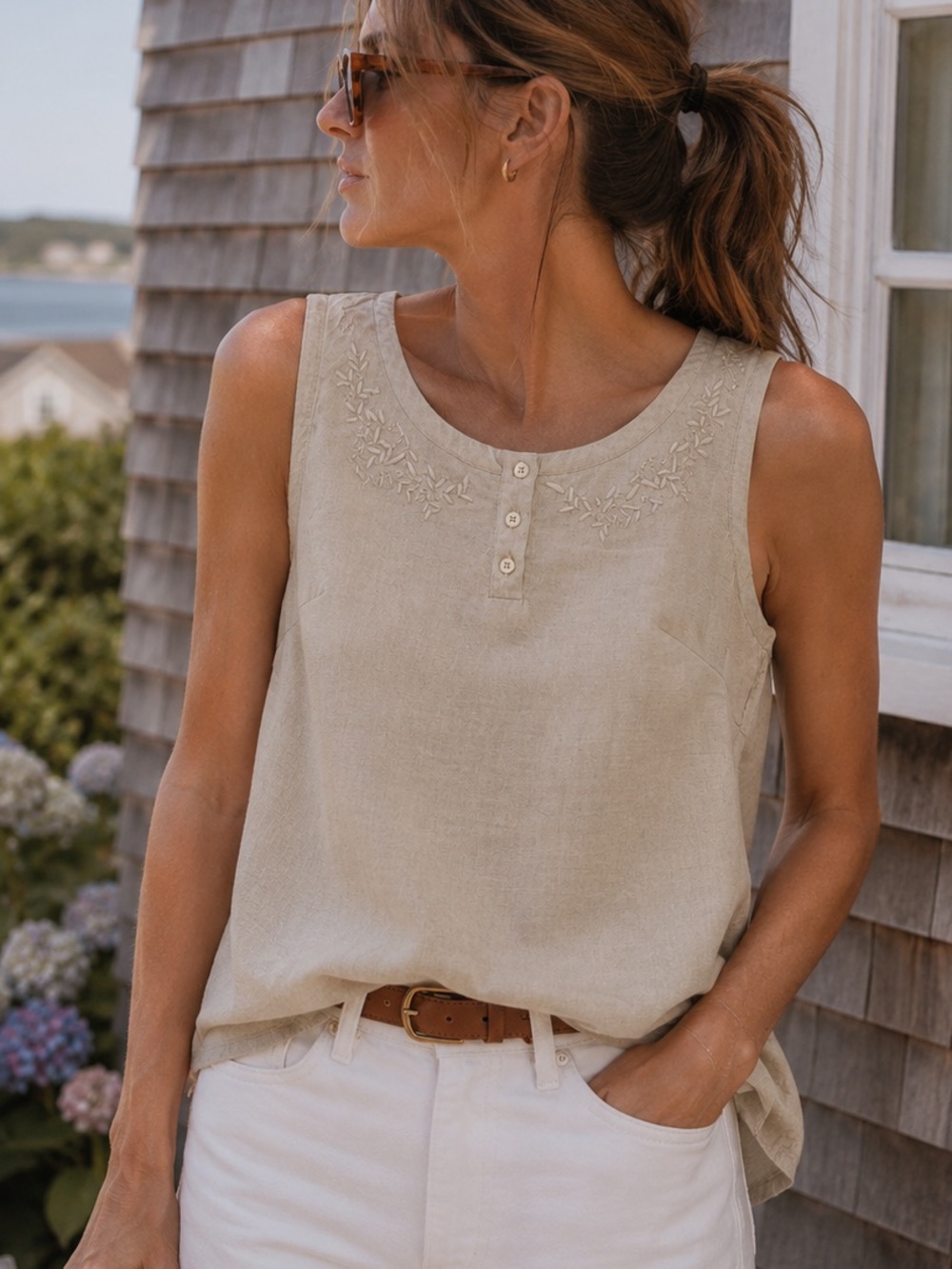 VINTAGE | Linen Embroidered Tank Coastal Minimalist • Large